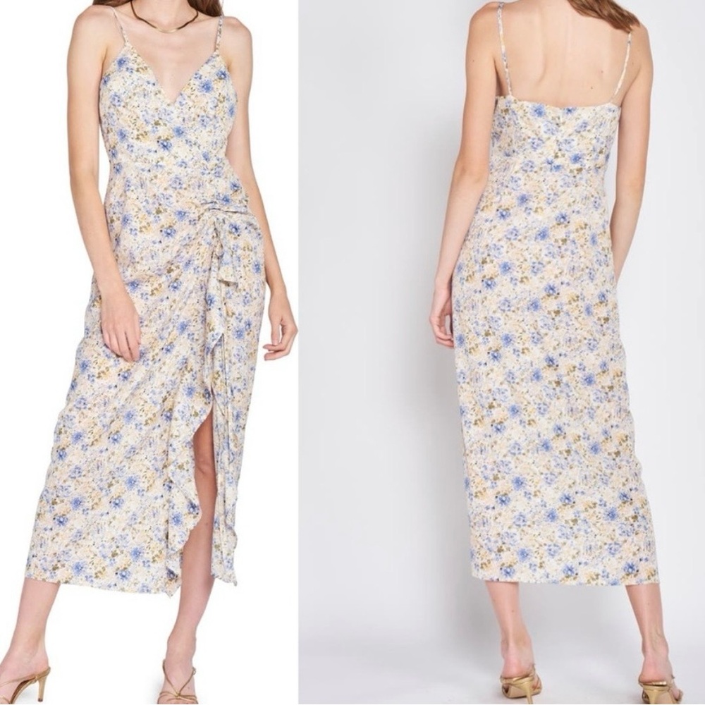 En Saison White V Neck Blue Floral Print Midi Slip Dress Size XS